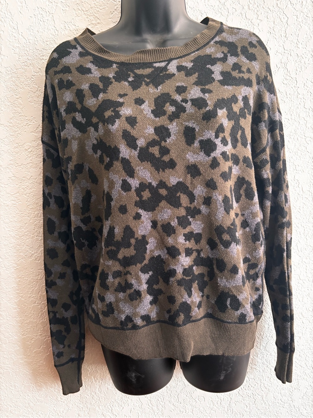 Anthropologie Olive and Black Camo Leopard-Print Crewneck Sweater